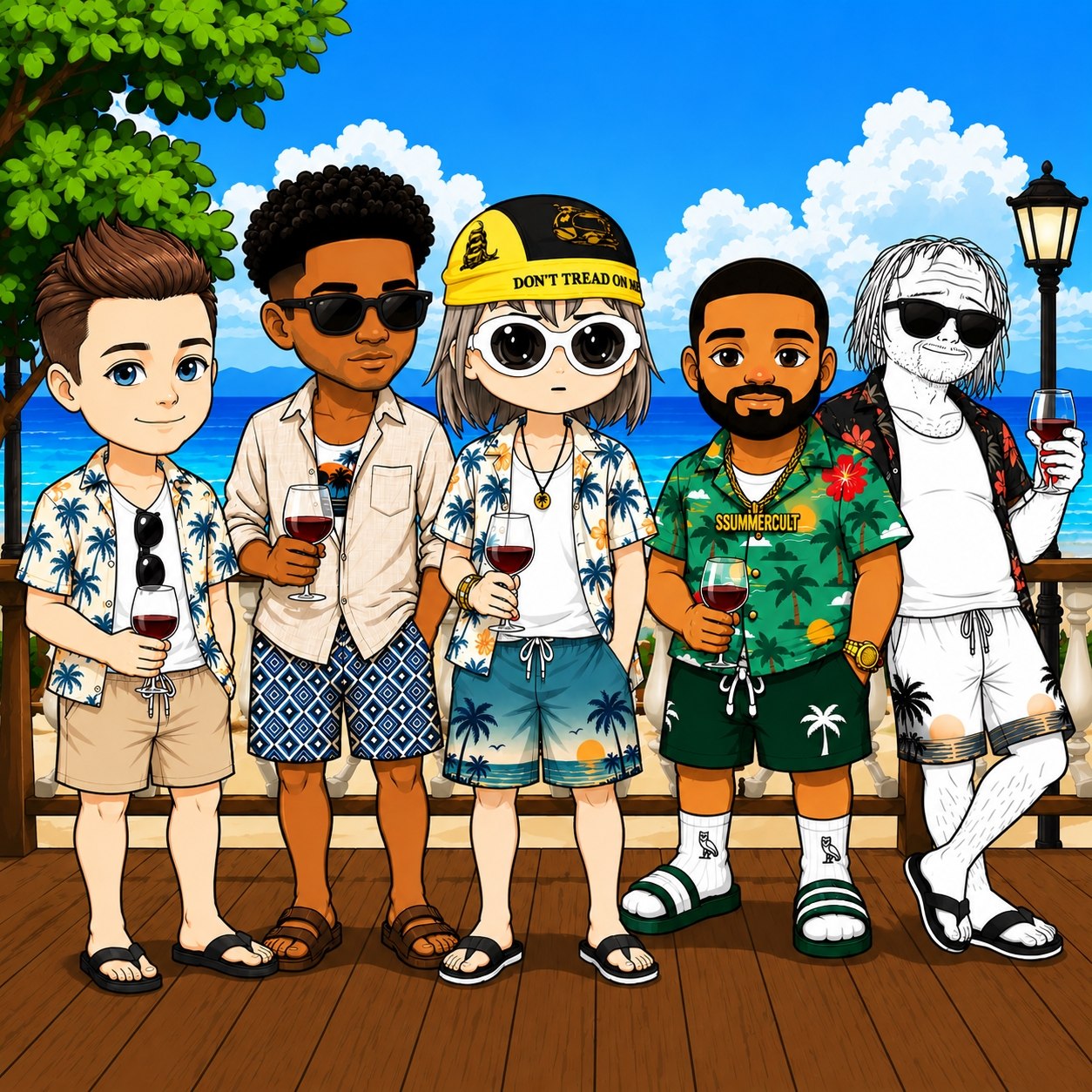 Summer Cult holding wine on a beach patio